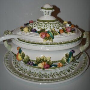 Vintage-Italian Porcelain Soup Bowl with Platter & Ladle-Capodimonte Harvest 3D